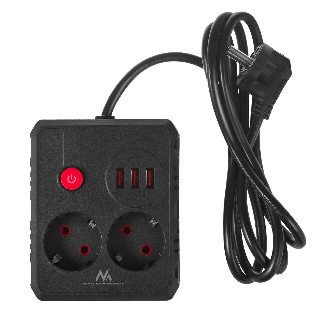 Maclean Steckdosenleiste, 2-Steckdosen-Verlängerungskabel + 3xUSB, 110-240V AC 50/60Hz, 2,1A max 2500W, 1,5m, schwarz, MCE387 B