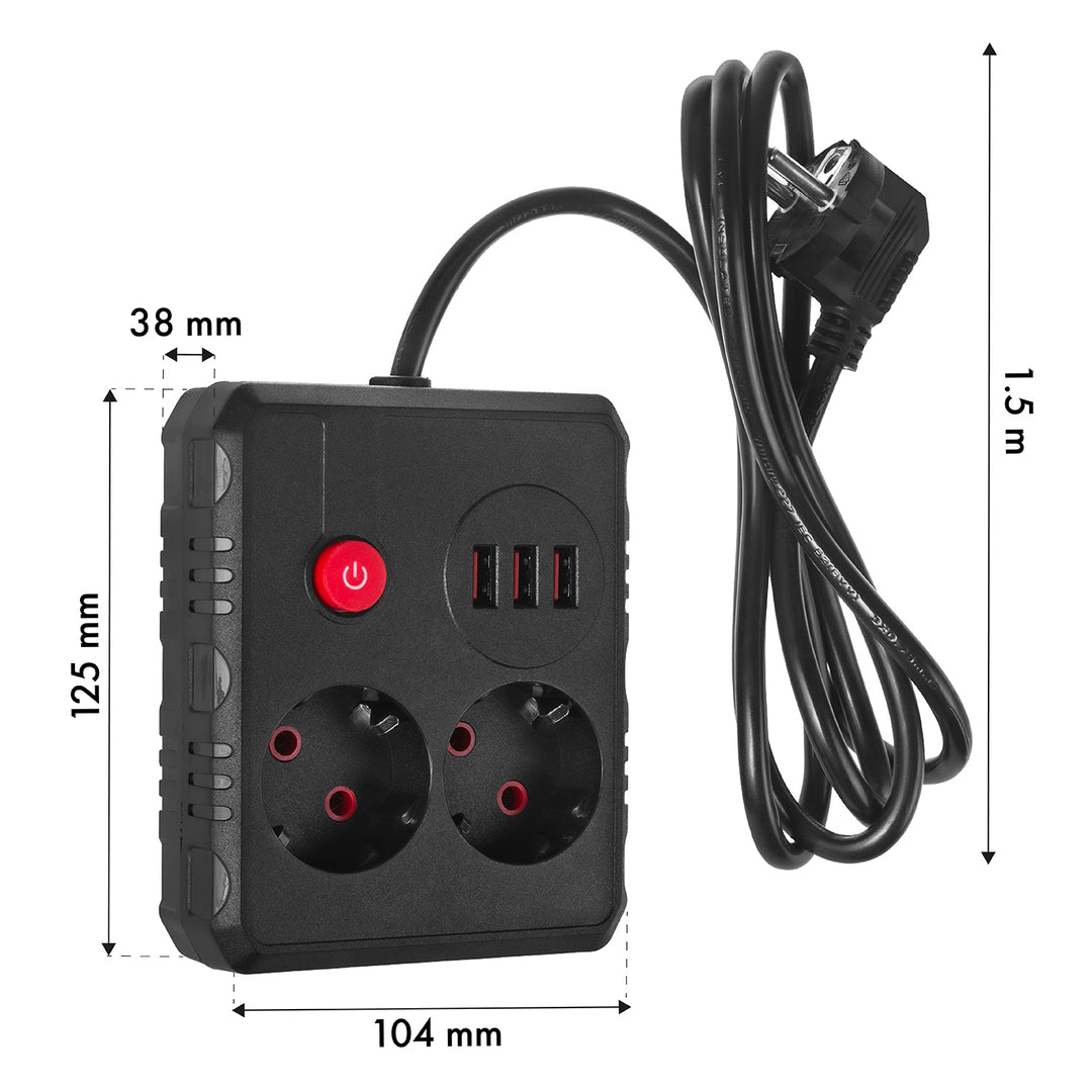 Maclean Steckdosenleiste, 2-Steckdosen-Verlängerungskabel + 3xUSB, 110-240V AC 50/60Hz, 2,1A max 2500W, 1,5m, schwarz, MCE387 B