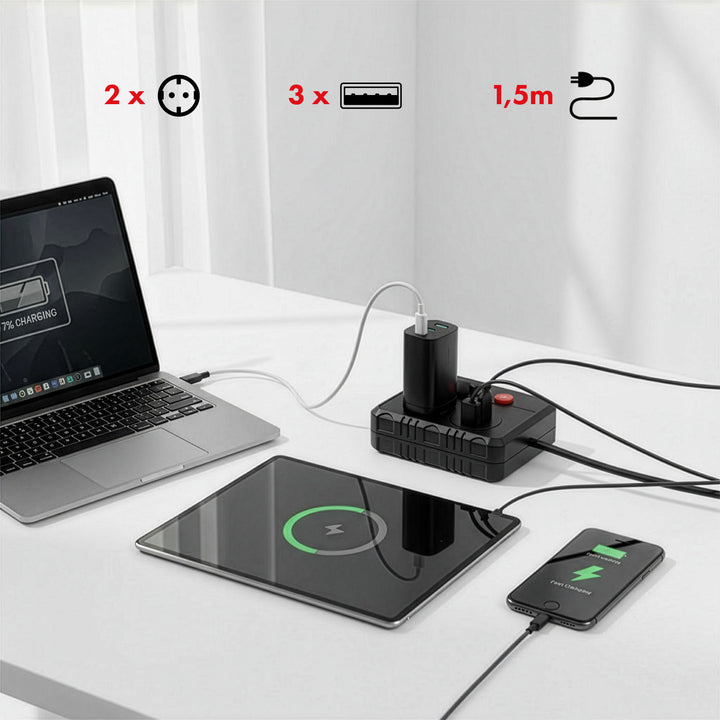 Maclean Steckdosenleiste, 2-Steckdosen-Verlängerungskabel + 3xUSB, 110-240V AC 50/60Hz, 2,1A max 2500W, 1,5m, schwarz, MCE387 B