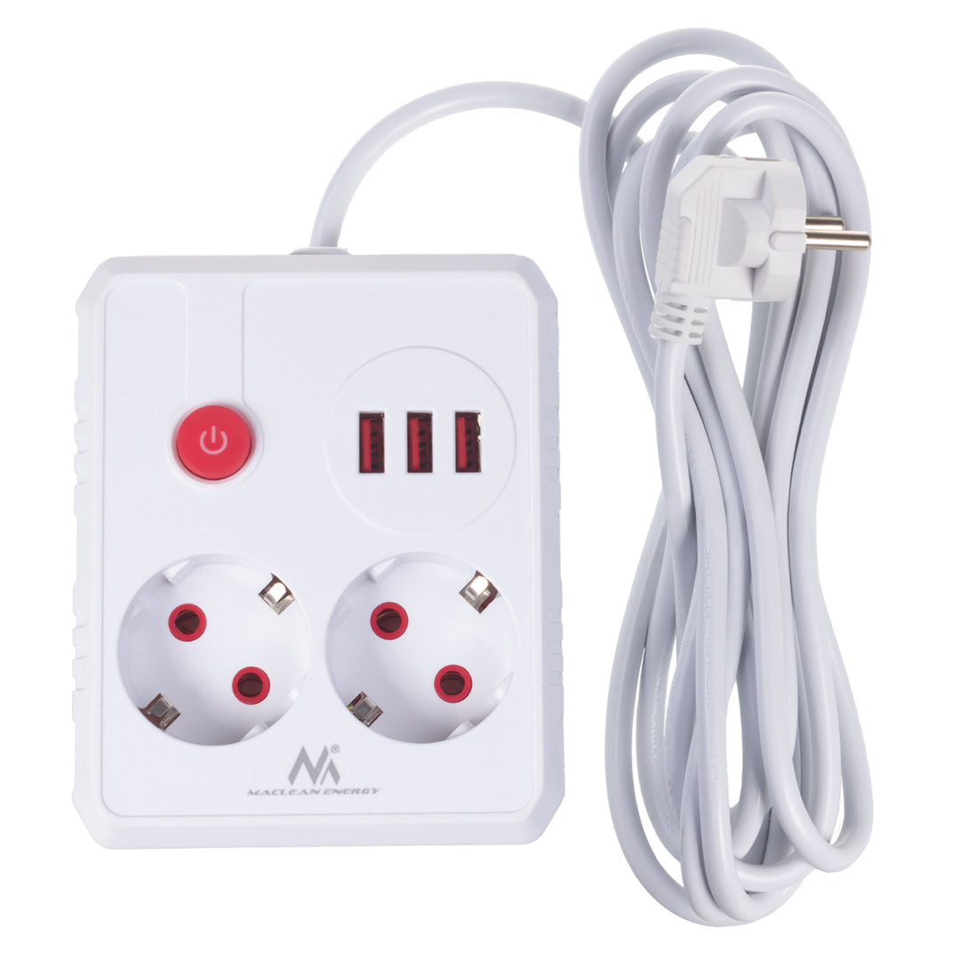 Maclean Steckdosenleiste, Verlängerungskabel 2 Steckdosen + 3xUSB, 110-240V AC 50/60Hz, 2,1A max 2500W, 3 m, weiß, MCE388 W