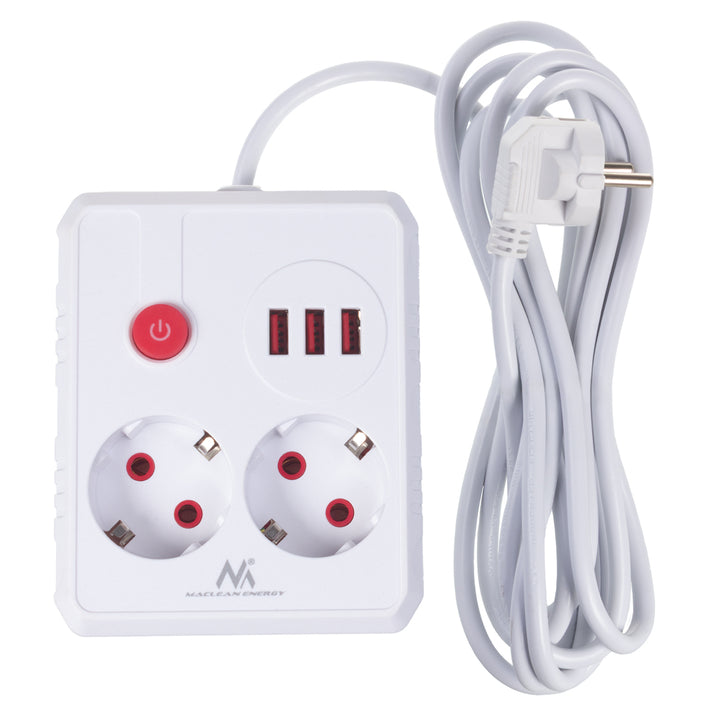 Maclean Steckdosenleiste, Verlängerungskabel 2 Steckdosen + 3xUSB, 110-240V AC 50/60Hz, 2,1A max 2500W, 3 m, weiß, MCE388 W