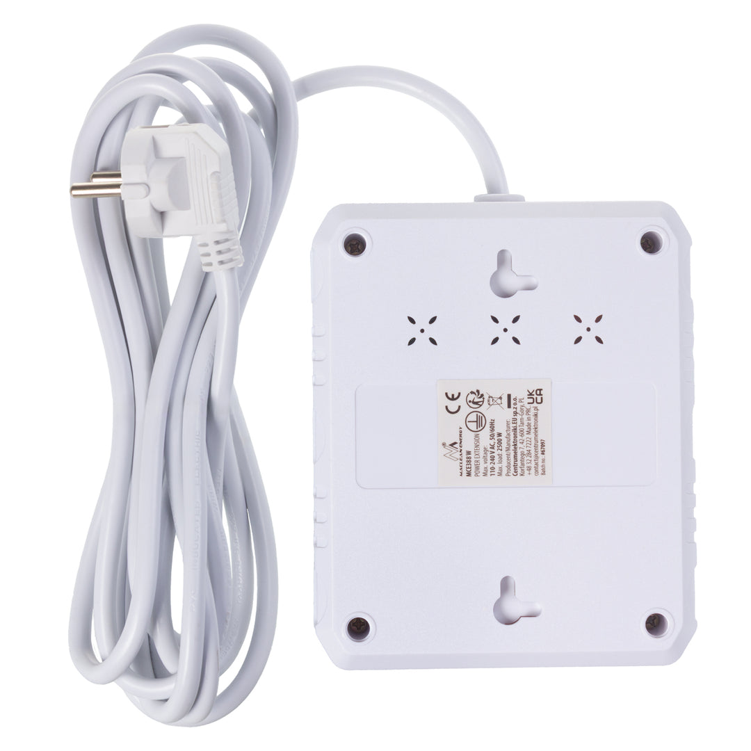 Maclean Steckdosenleiste, Verlängerungskabel 2 Steckdosen + 3xUSB, 110-240V AC 50/60Hz, 2,1A max 2500W, 3 m, weiß, MCE388 W