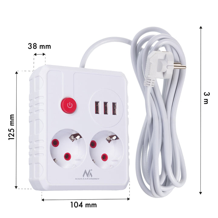 Maclean Steckdosenleiste, Verlängerungskabel 2 Steckdosen + 3xUSB, 110-240V AC 50/60Hz, 2,1A max 2500W, 3 m, weiß, MCE388 W