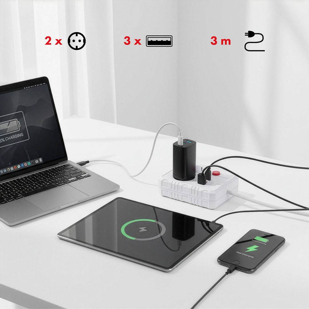 Maclean Steckdosenleiste, Verlängerungskabel 2 Steckdosen + 3xUSB, 110-240V AC 50/60Hz, 2,1A max 2500W, 3 m, weiß, MCE388 W