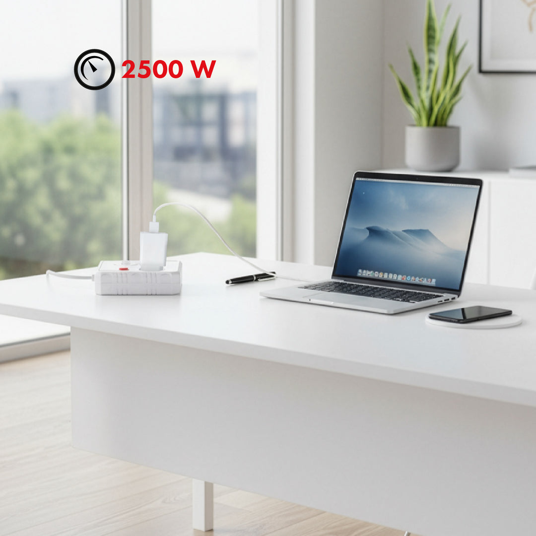 Maclean Steckdosenleiste, Verlängerungskabel 2 Steckdosen + 3xUSB, 110-240V AC 50/60Hz, 2,1A max 2500W, 3 m, weiß, MCE388 W