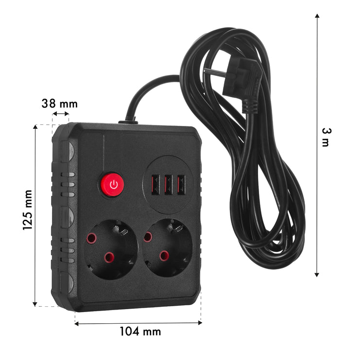 Maclean Steckdosenleiste, Verlängerungskabel 2 Steckdosen + 3xUSB, 110-240V AC 50/60Hz, 2,1A max 2500W, 3 m, schwarz, MCE388 B