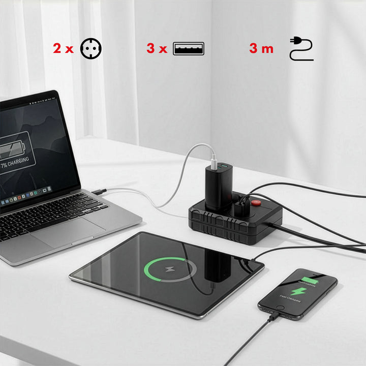 Maclean Steckdosenleiste, Verlängerungskabel 2 Steckdosen + 3xUSB, 110-240V AC 50/60Hz, 2,1A max 2500W, 3 m, schwarz, MCE388 B