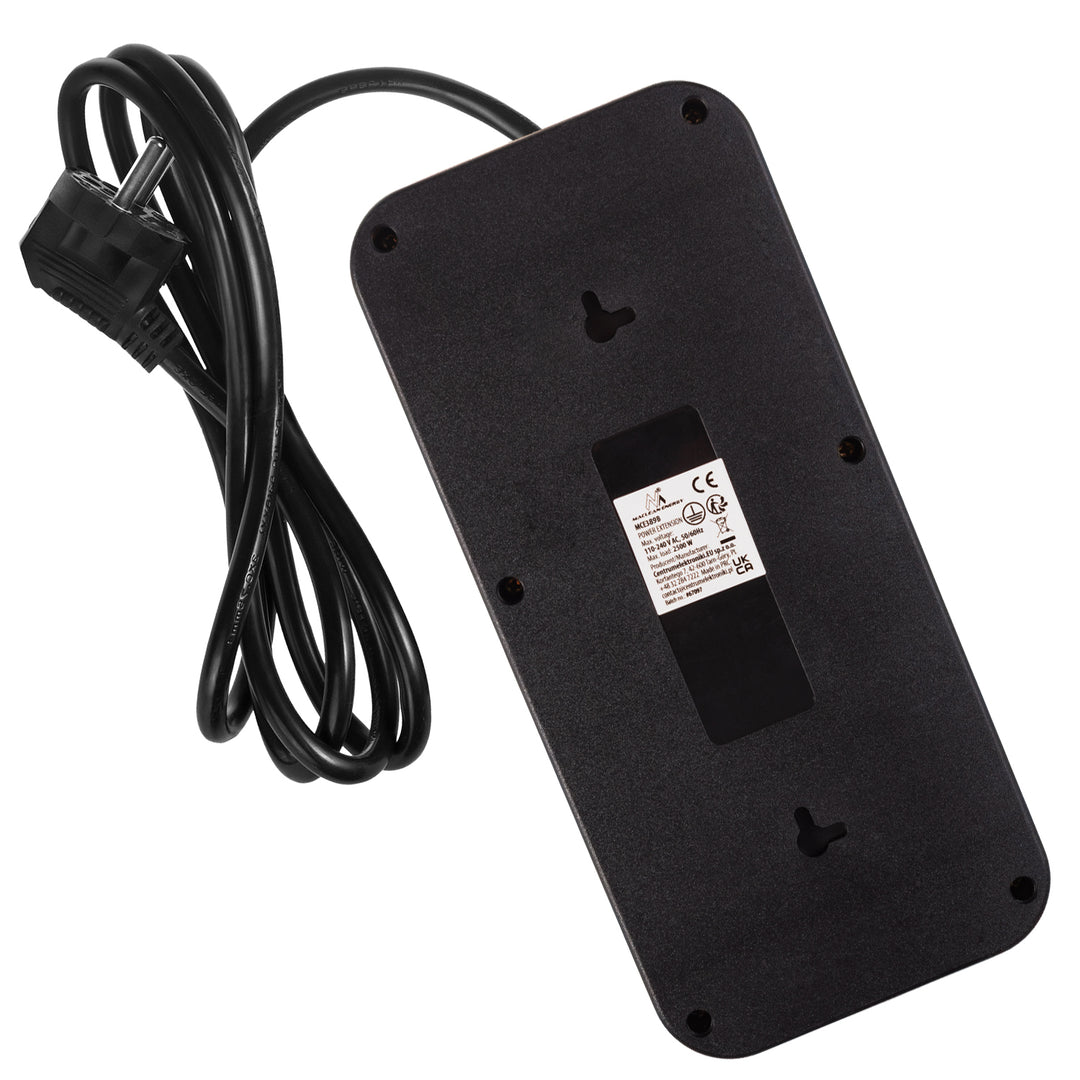 Maclean Steckdosenleiste, 6-fach Verlängerungskabel + 4xUSB, 110-240V AC 50/60Hz, 2,1A max 2500W, 1,5 m, schwarz, MCE389 B