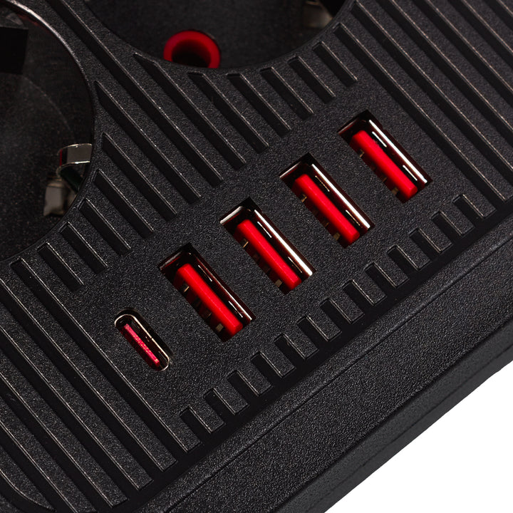 Maclean Steckdosenleiste, 6-fach Verlängerungskabel + 4xUSB, 110-240V AC 50/60Hz, 2,1A max 2500W, 1,5 m, schwarz, MCE389 B