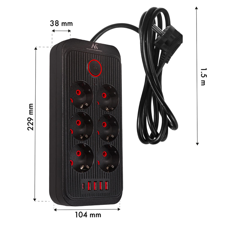 Maclean Steckdosenleiste, 6-fach Verlängerungskabel + 4xUSB, 110-240V AC 50/60Hz, 2,1A max 2500W, 1,5 m, schwarz, MCE389 B