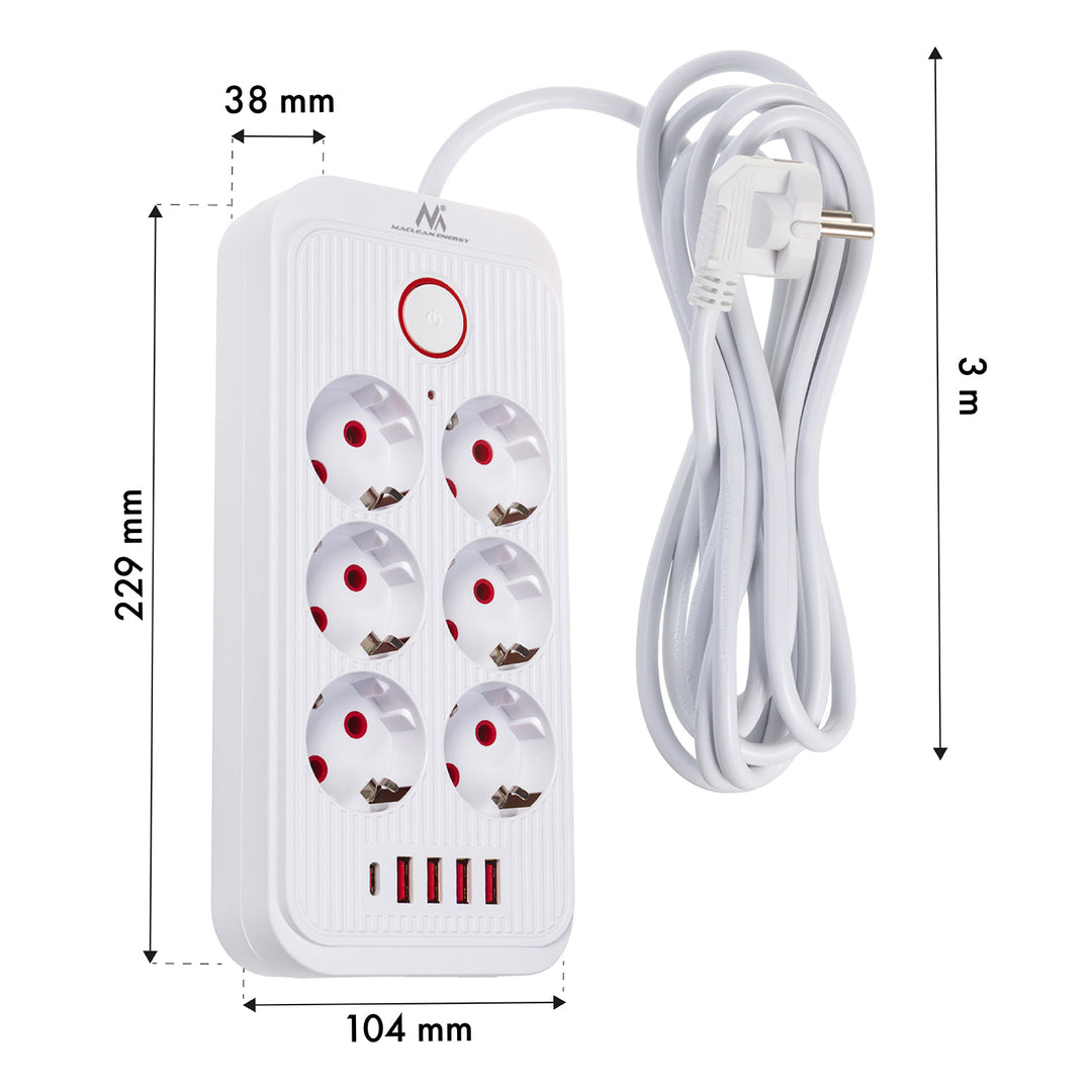 Maclean Steckdosenleiste, 6-fach Verlängerungskabel + 4xUSB, 110-240V AC 50/60Hz, 2.1A max 2500W, 3m, weiß, MCE391 W