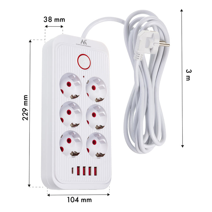 Maclean Steckdosenleiste, 6-fach Verlängerungskabel + 4xUSB, 110-240V AC 50/60Hz, 2.1A max 2500W, 3m, weiß, MCE391 W