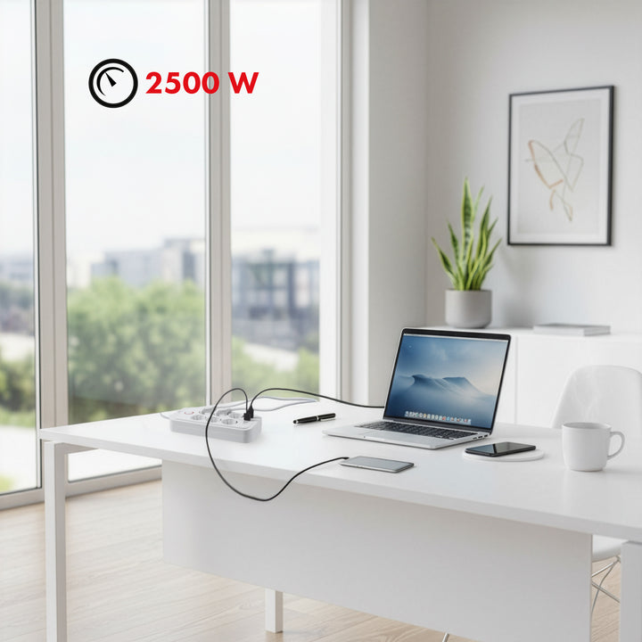 Maclean Steckdosenleiste, 6-fach Verlängerungskabel + 4xUSB, 110-240V AC 50/60Hz, 2.1A max 2500W, 3m, weiß, MCE391 W