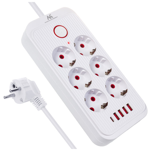 Maclean Steckdosenleiste, 6-fach Verlängerungskabel + 4xUSB, 110-240V AC 50/60Hz, 2.1A max 2500W, 3m, weiß, MCE391 W