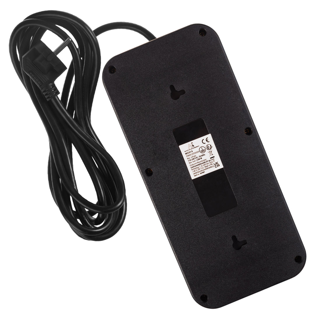 Maclean Steckdosenleiste, 6-fach Verlängerungskabel + 4xUSB, 110-240V AC 50/60Hz, 2.1A max 2500W, 3m, schwarz, MCE391 B
