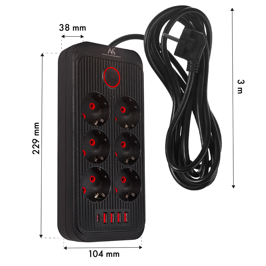 Maclean Steckdosenleiste, 6-fach Verlängerungskabel + 4xUSB, 110-240V AC 50/60Hz, 2.1A max 2500W, 3m, schwarz, MCE391 B