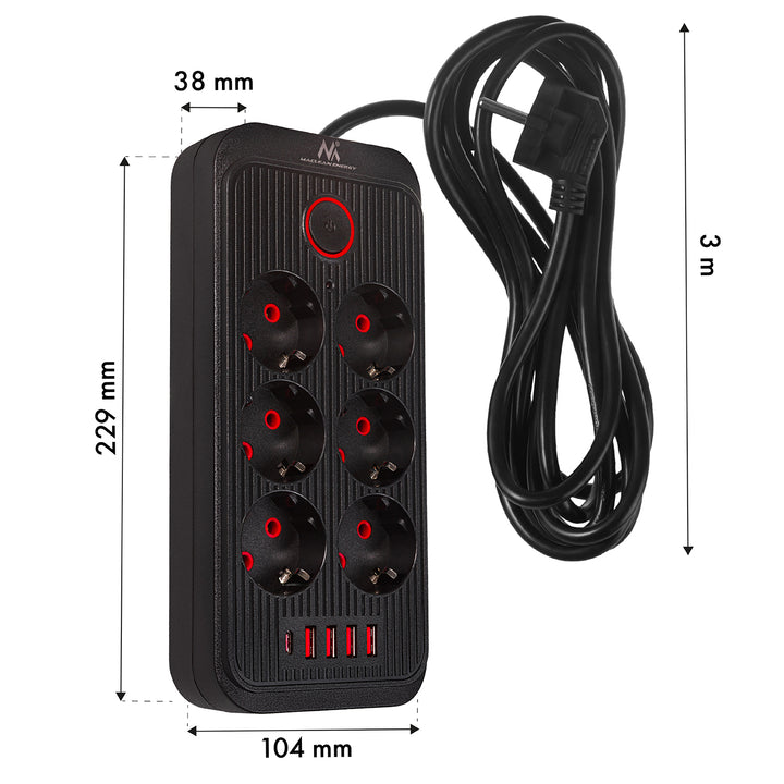 Maclean Steckdosenleiste, 6-fach Verlängerungskabel + 4xUSB, 110-240V AC 50/60Hz, 2.1A max 2500W, 3m, schwarz, MCE391 B