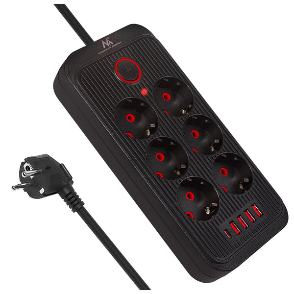 Maclean Steckdosenleiste, 6-fach Verlängerungskabel + 4xUSB, 110-240V AC 50/60Hz, 2.1A max 2500W, 3m, schwarz, MCE391 B
