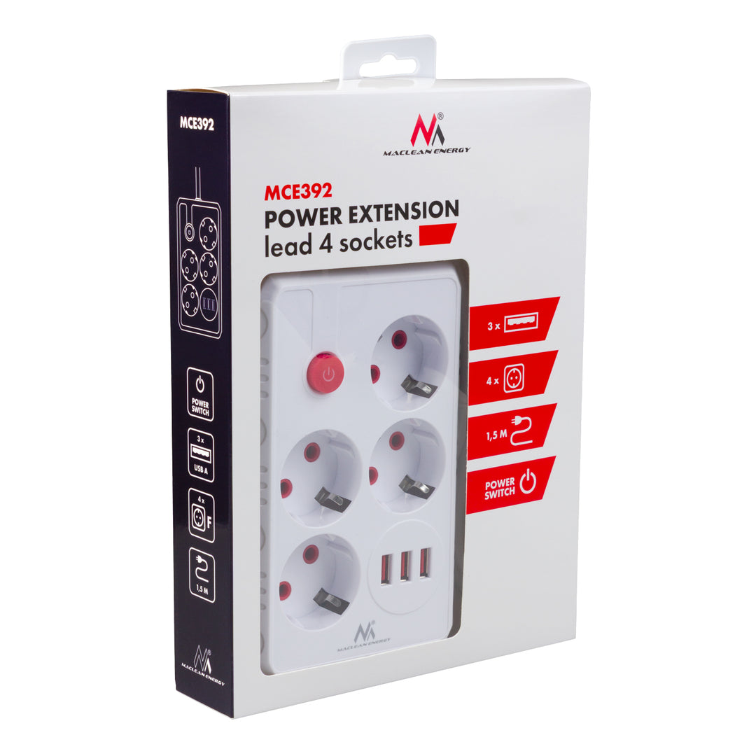 Steckdosenleiste 4 Steckdosen 2500W 3xUSB weiß 1,5m