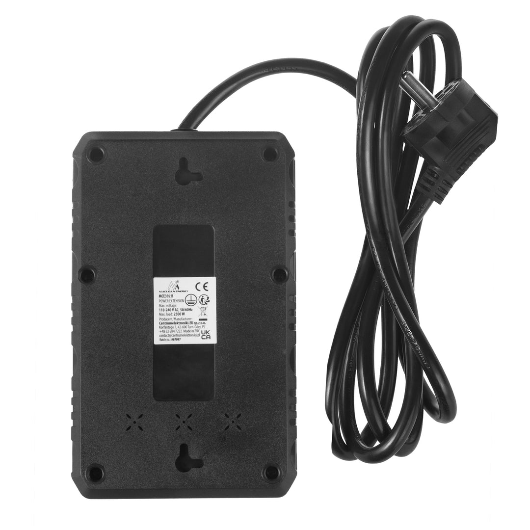 Maclean Steckdosenleiste, 4-Steckdosen-Verlängerungskabel + 3xUSB, 110-240V AC 50/60Hz, 2,1A max 2500W, 1,5m, schwarz, MCE392 B