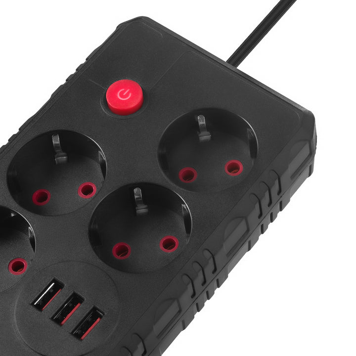 Maclean Steckdosenleiste, 4-Steckdosen-Verlängerungskabel + 3xUSB, 110-240V AC 50/60Hz, 2,1A max 2500W, 1,5m, schwarz, MCE392 B