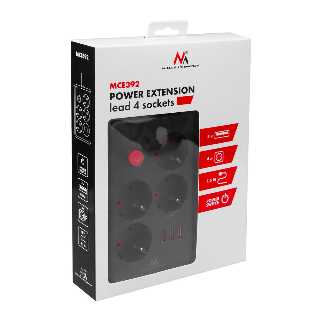 Maclean Steckdosenleiste, 4-Steckdosen-Verlängerungskabel + 3xUSB, 110-240V AC 50/60Hz, 2,1A max 2500W, 1,5m, schwarz, MCE392 B