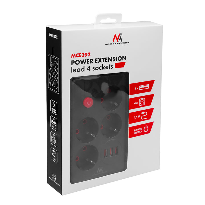 Maclean Steckdosenleiste, 4-Steckdosen-Verlängerungskabel + 3xUSB, 110-240V AC 50/60Hz, 2,1A max 2500W, 1,5m, schwarz, MCE392 B