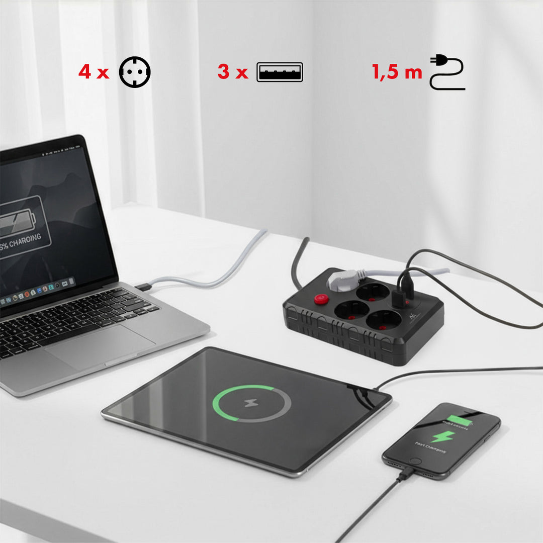 Maclean Steckdosenleiste, 4-Steckdosen-Verlängerungskabel + 3xUSB, 110-240V AC 50/60Hz, 2,1A max 2500W, 1,5m, schwarz, MCE392 B