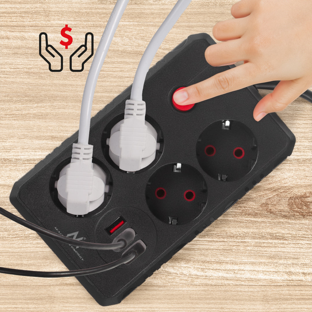 Maclean Steckdosenleiste, 4-Steckdosen-Verlängerungskabel + 3xUSB, 110-240V AC 50/60Hz, 2,1A max 2500W, 1,5m, schwarz, MCE392 B