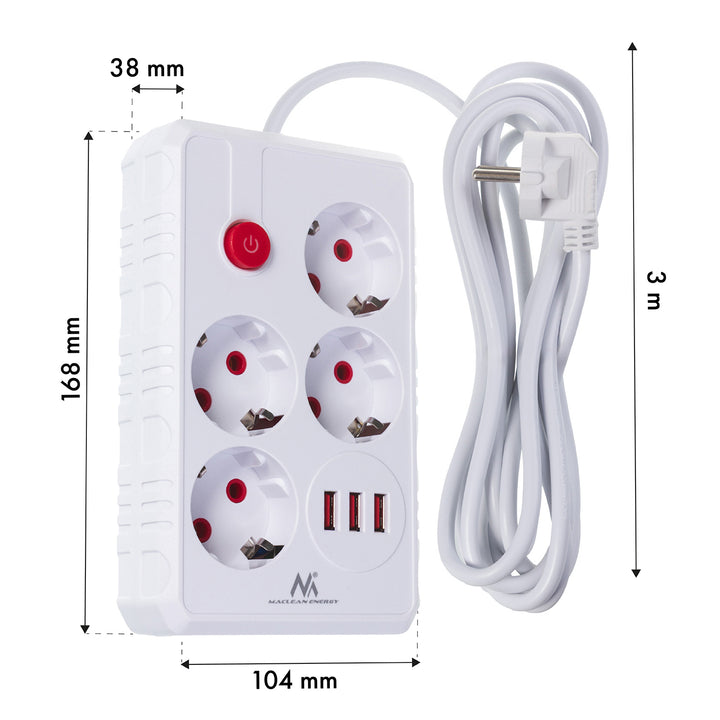 Maclean Steckdosenleiste, 4-Steckdosen-Verlängerungskabel + 3xUSB, 110-240V AC 50/60Hz, 2.1A max 2500W, 3m, weiß, MCE393 W