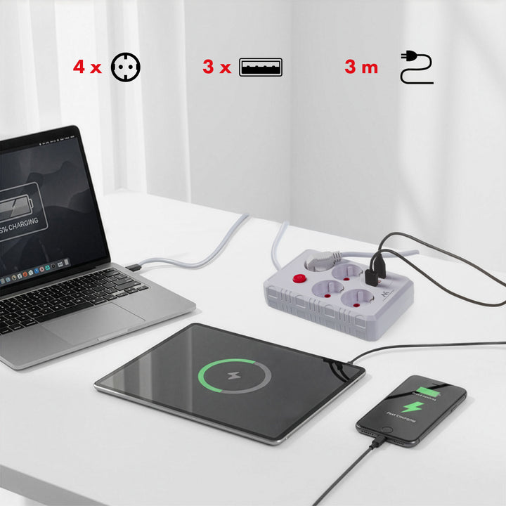 Maclean Steckdosenleiste, 4-Steckdosen-Verlängerungskabel + 3xUSB, 110-240V AC 50/60Hz, 2.1A max 2500W, 3m, weiß, MCE393 W