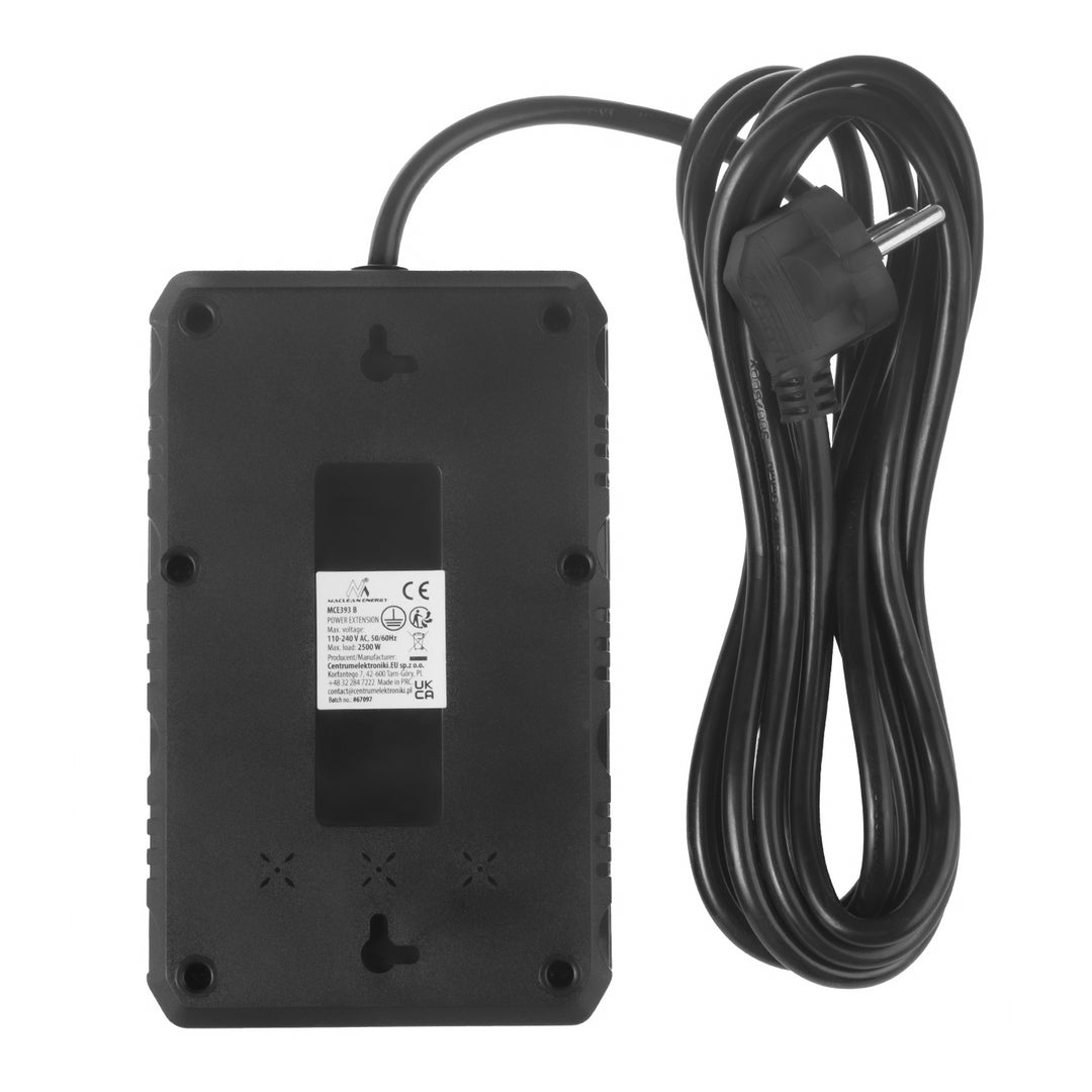 Maclean Steckdosenleiste, 4-Steckdosen-Verlängerungskabel + 3xUSB, 110-240V AC 50/60Hz, 2.1A max 2500W, 3m, schwarz, MCE393 B