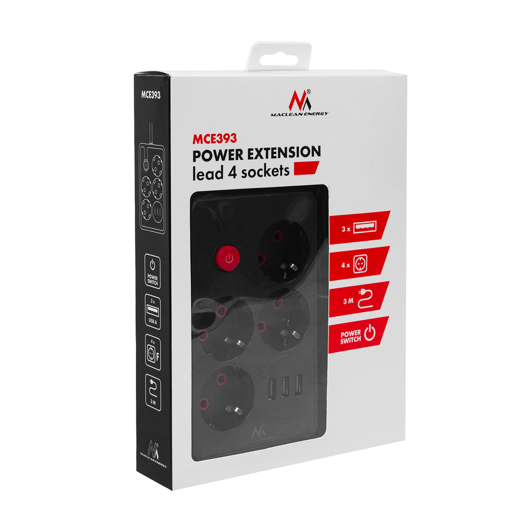 Maclean Steckdosenleiste, 4-Steckdosen-Verlängerungskabel + 3xUSB, 110-240V AC 50/60Hz, 2.1A max 2500W, 3m, schwarz, MCE393 B