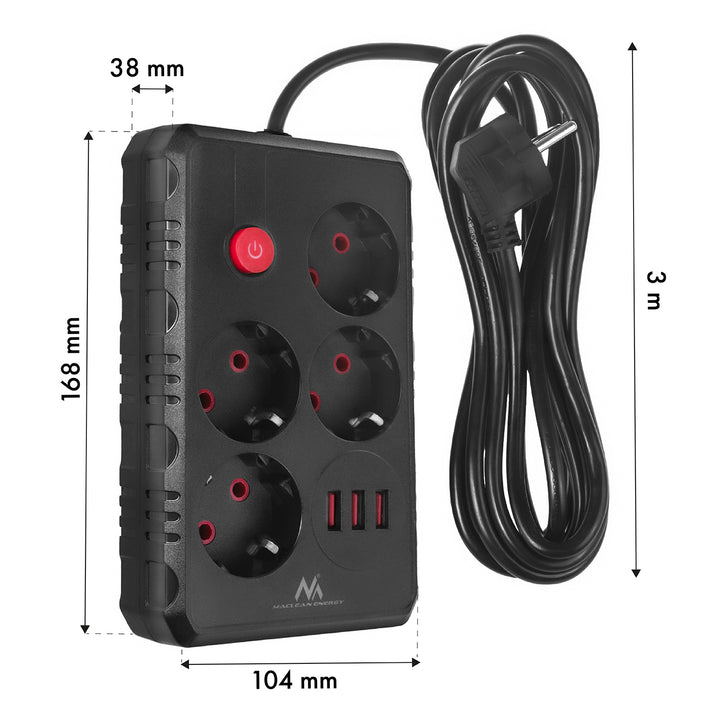 Maclean Steckdosenleiste, 4-Steckdosen-Verlängerungskabel + 3xUSB, 110-240V AC 50/60Hz, 2.1A max 2500W, 3m, schwarz, MCE393 B