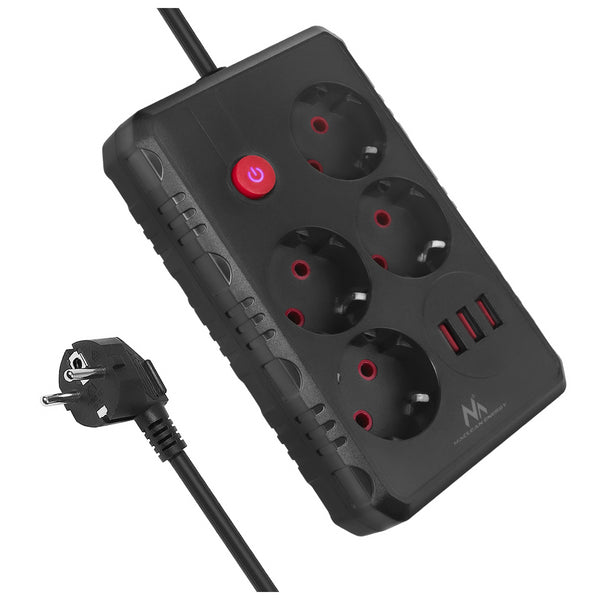 Maclean Steckdosenleiste, 4-Steckdosen-Verlängerungskabel + 3xUSB, 110-240V AC 50/60Hz, 2.1A max 2500W, 3m, schwarz, MCE393 B