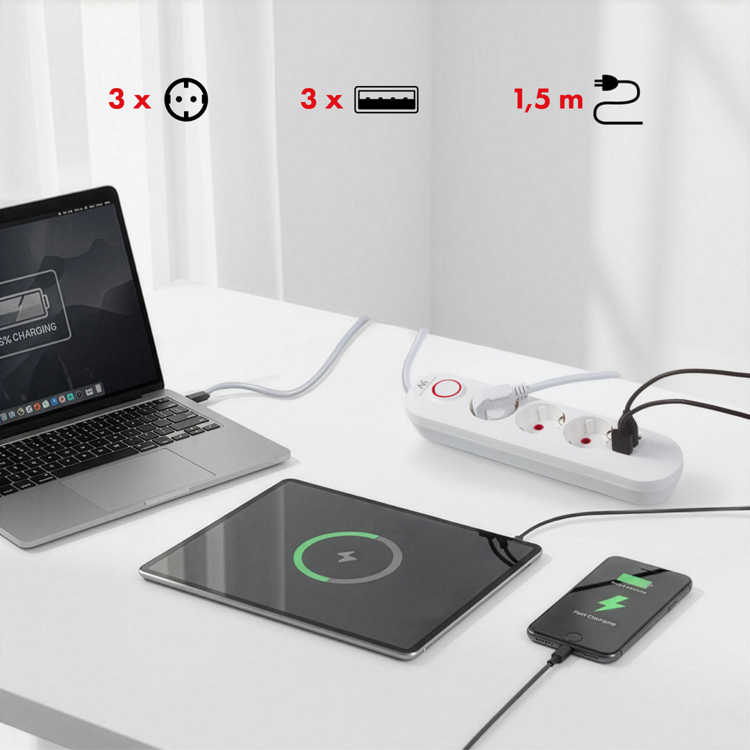 Maclean Steckdosenleiste, 3-Steckdosen-Verlängerungskabel + 3xUSB, 110-240V AC 50/60Hz, 2,1A max 2500W, 1,5m, weiß, MCE394 W