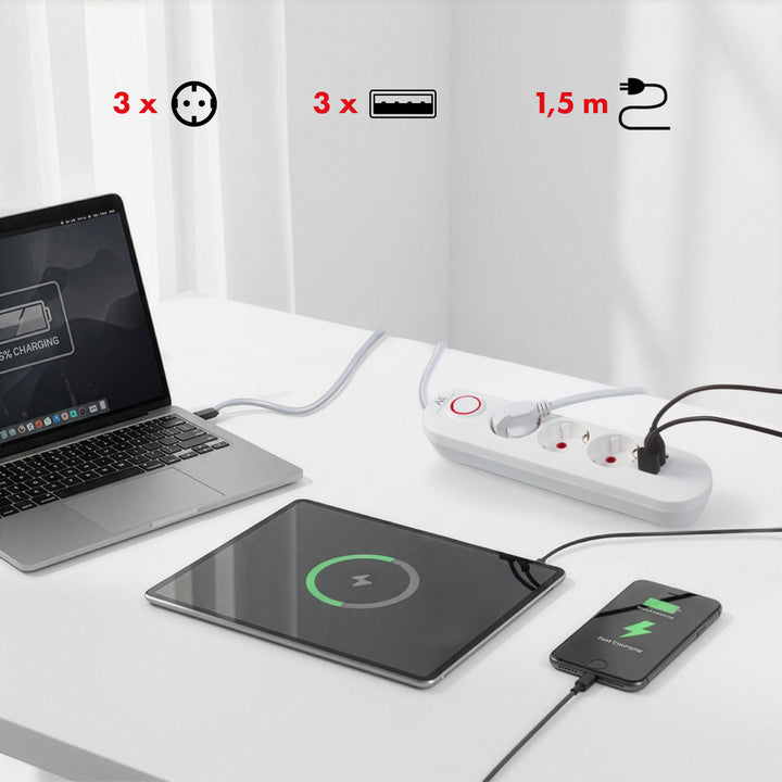 Maclean Steckdosenleiste, 3-Steckdosen-Verlängerungskabel + 3xUSB, 110-240V AC 50/60Hz, 2,1A max 2500W, 1,5m, weiß, MCE394 W