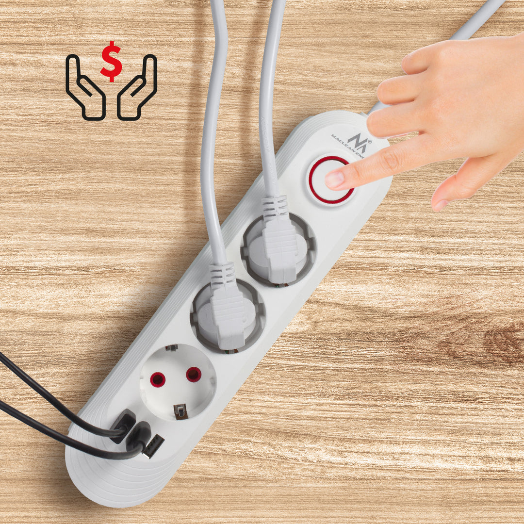 Maclean Steckdosenleiste, 3-Steckdosen-Verlängerungskabel + 3xUSB, 110-240V AC 50/60Hz, 2,1A max 2500W, 1,5m, weiß, MCE394 W