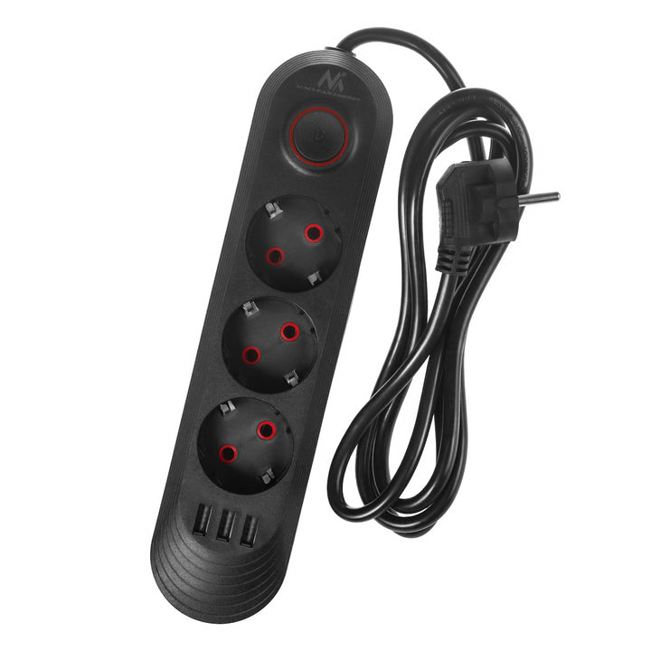Maclean Steckdosenleiste, 3-Steckdosen-Verlängerungskabel + 3xUSB, 110-240V AC 50/60Hz, 2,1A max 2500W, 1,5m, schwarz, MCE394 B