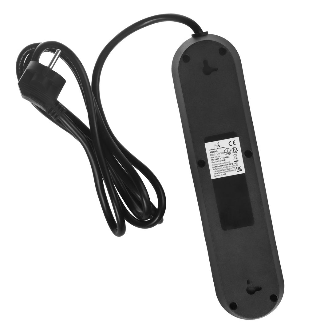 Maclean Steckdosenleiste, 3-Steckdosen-Verlängerungskabel + 3xUSB, 110-240V AC 50/60Hz, 2,1A max 2500W, 1,5m, schwarz, MCE394 B