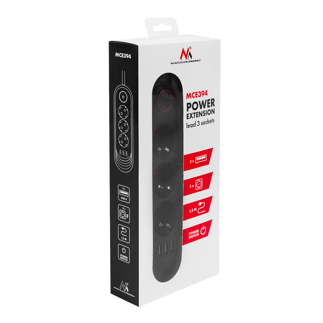 Maclean Steckdosenleiste, 3-Steckdosen-Verlängerungskabel + 3xUSB, 110-240V AC 50/60Hz, 2,1A max 2500W, 1,5m, schwarz, MCE394 B