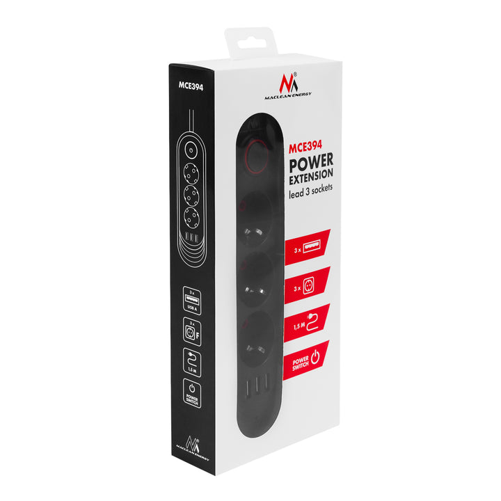 Maclean Steckdosenleiste, 3-Steckdosen-Verlängerungskabel + 3xUSB, 110-240V AC 50/60Hz, 2,1A max 2500W, 1,5m, schwarz, MCE394 B