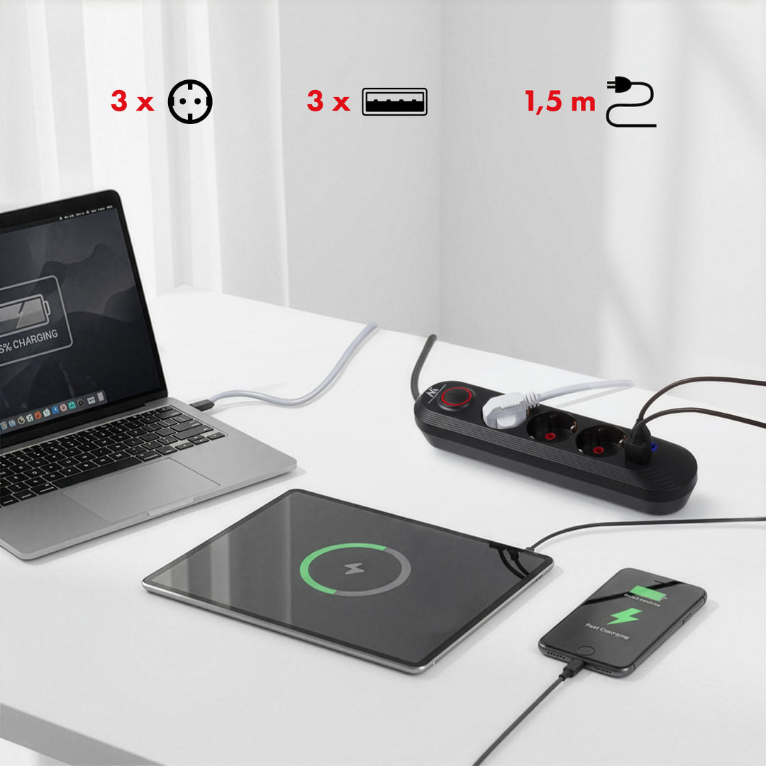 Maclean Steckdosenleiste, 3-Steckdosen-Verlängerungskabel + 3xUSB, 110-240V AC 50/60Hz, 2,1A max 2500W, 1,5m, schwarz, MCE394 B