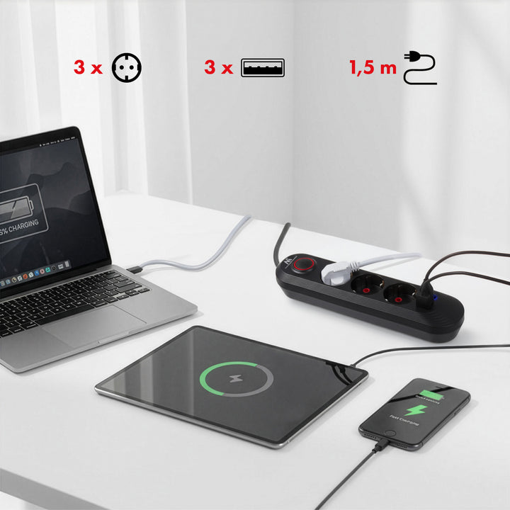 Maclean Steckdosenleiste, 3-Steckdosen-Verlängerungskabel + 3xUSB, 110-240V AC 50/60Hz, 2,1A max 2500W, 1,5m, schwarz, MCE394 B
