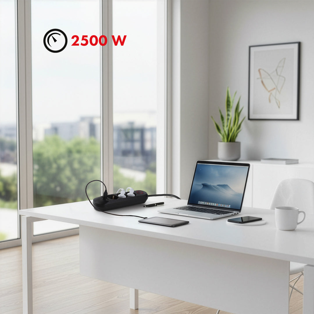 Maclean Steckdosenleiste, 3-Steckdosen-Verlängerungskabel + 3xUSB, 110-240V AC 50/60Hz, 2,1A max 2500W, 1,5m, schwarz, MCE394 B