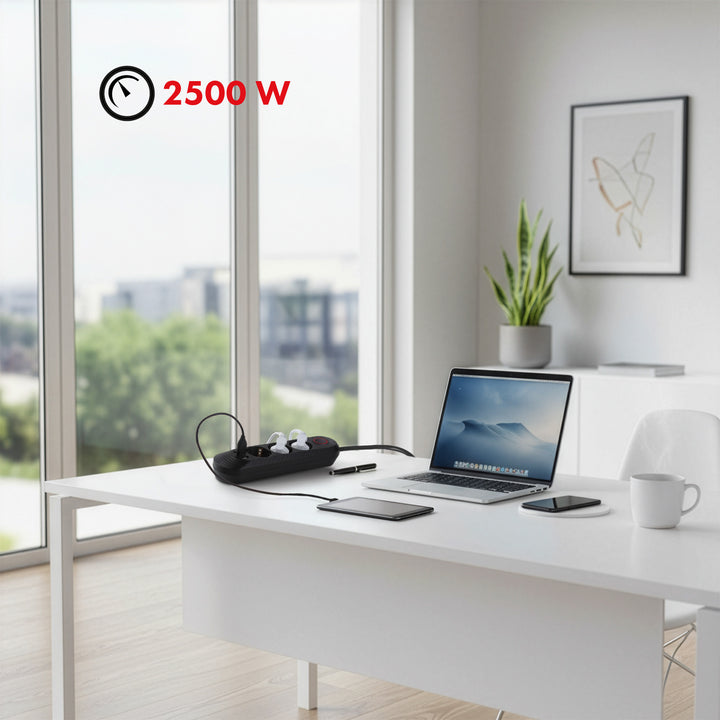 Maclean Steckdosenleiste, 3-Steckdosen-Verlängerungskabel + 3xUSB, 110-240V AC 50/60Hz, 2,1A max 2500W, 1,5m, schwarz, MCE394 B