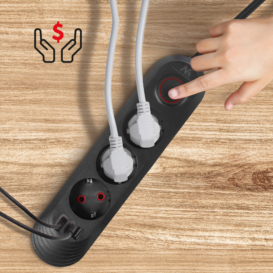 Maclean Steckdosenleiste, 3-Steckdosen-Verlängerungskabel + 3xUSB, 110-240V AC 50/60Hz, 2,1A max 2500W, 1,5m, schwarz, MCE394 B