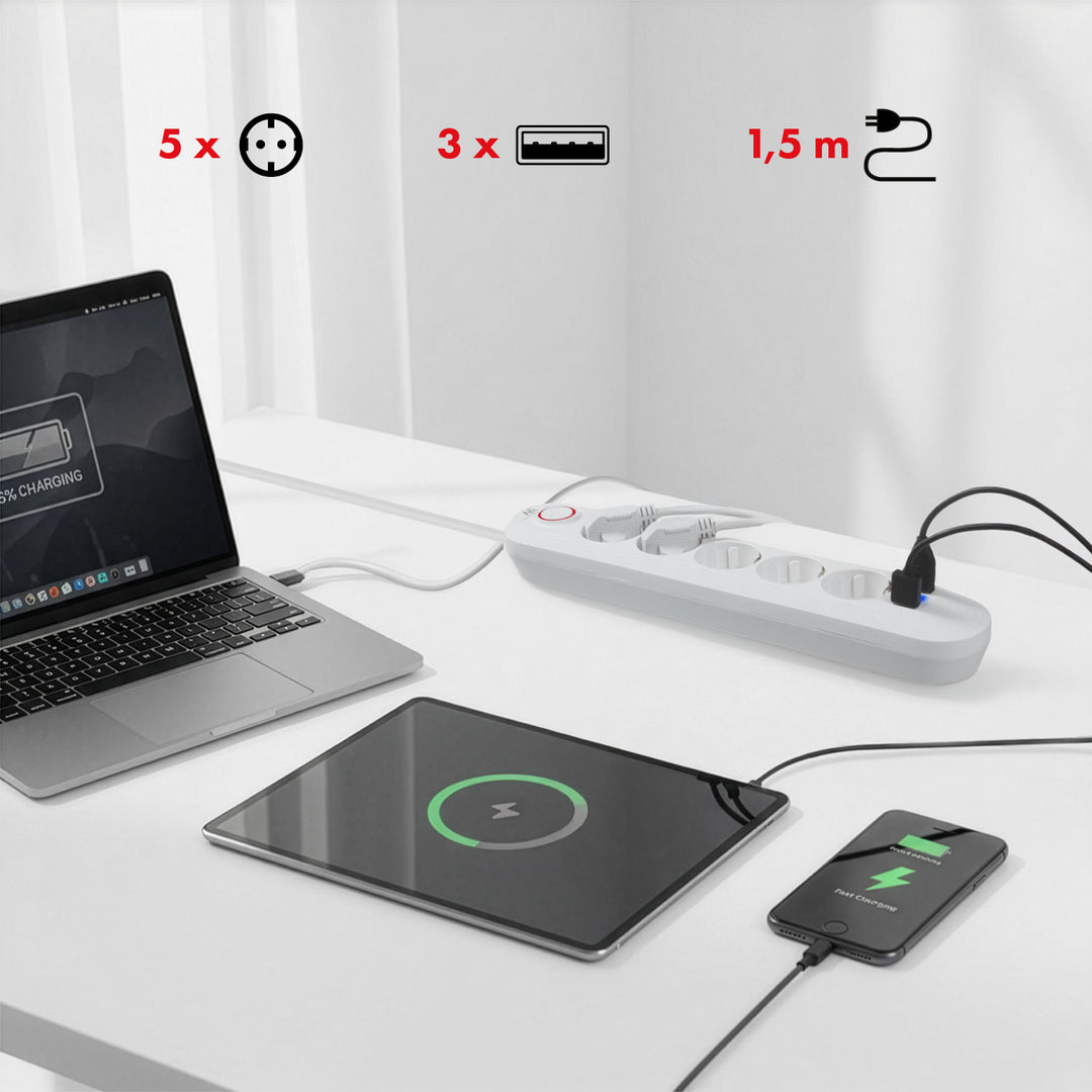Maclean Steckdosenleiste, 5 Steckdosen-Verlängerungskabel + 3xUSB, 110-240V AC 50/60Hz, 2,1A max 2500W, 1,5m, weiß, MCE395 W