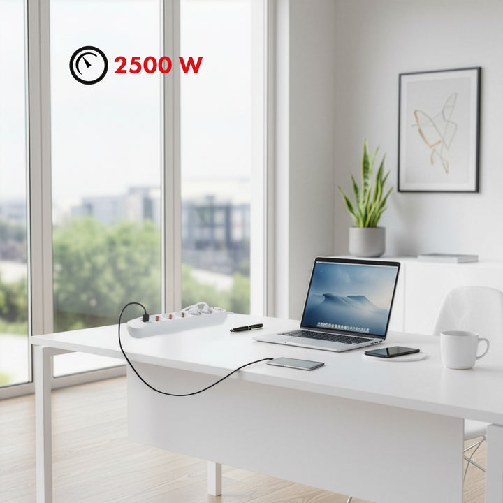 Maclean Steckdosenleiste, 5 Steckdosen-Verlängerungskabel + 3xUSB, 110-240V AC 50/60Hz, 2,1A max 2500W, 1,5m, weiß, MCE395 W