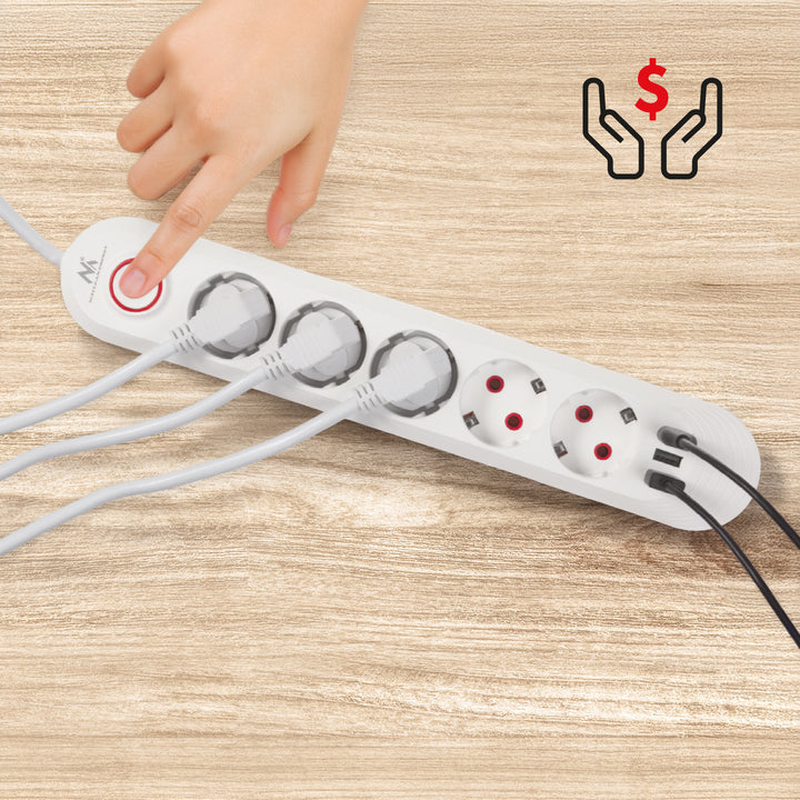 Maclean Steckdosenleiste, 5 Steckdosen-Verlängerungskabel + 3xUSB, 110-240V AC 50/60Hz, 2,1A max 2500W, 1,5m, weiß, MCE395 W